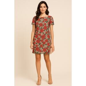 Tahari‎ Floral Embroidered Lace Dress Pink Green Red 14 Elegant Cocktail